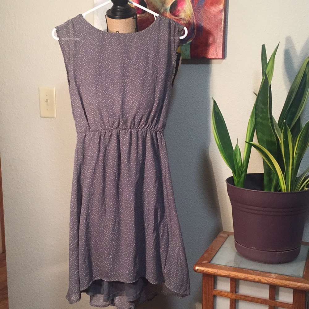 Gray and pink polka dot dress with button back.